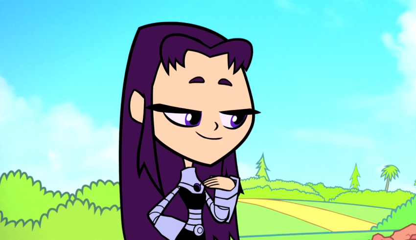 A cartoon character with purple hair standing in a field.