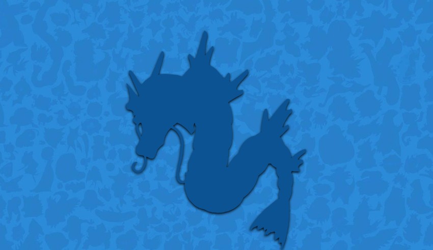 A blue silhouette of a dragon on a blue background.
