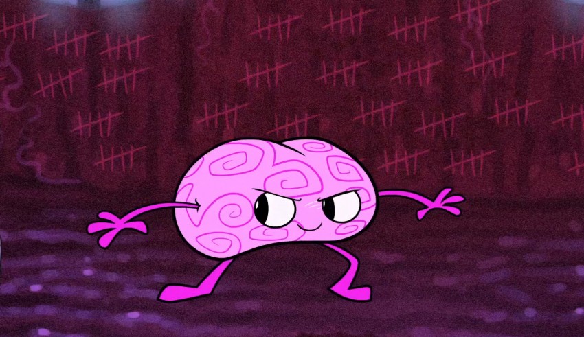 A pink cartoon character is standing in a dark room.