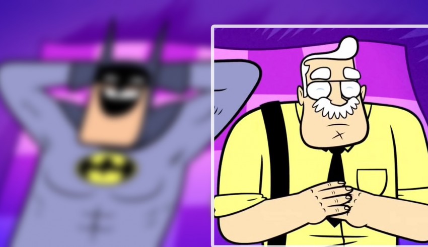 A cartoon image of a batman and a man with glasses.