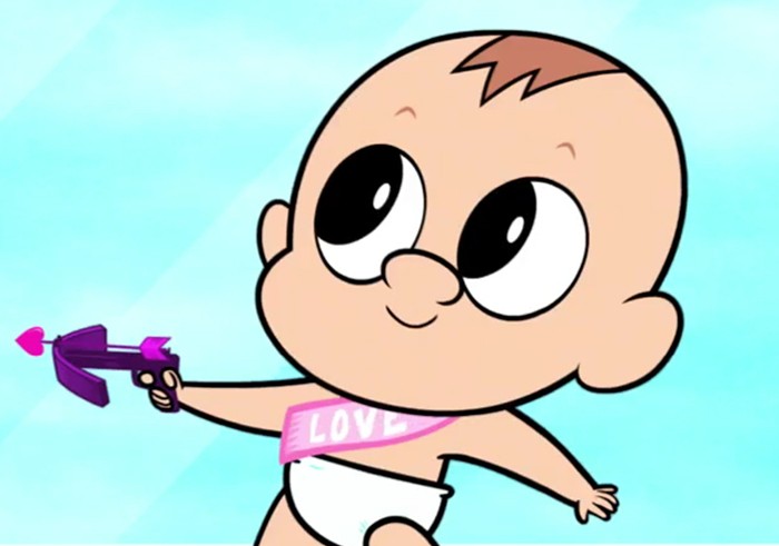 A cartoon baby holding a pink gun.