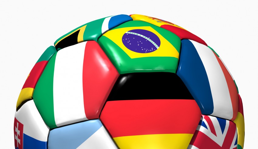 A soccer ball with flags of different countries.