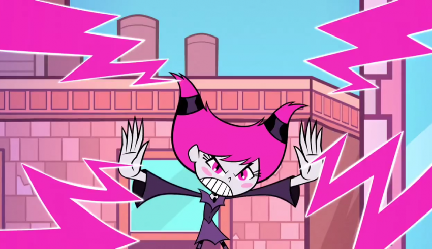 A cartoon character with pink hair and a lightning bolt.