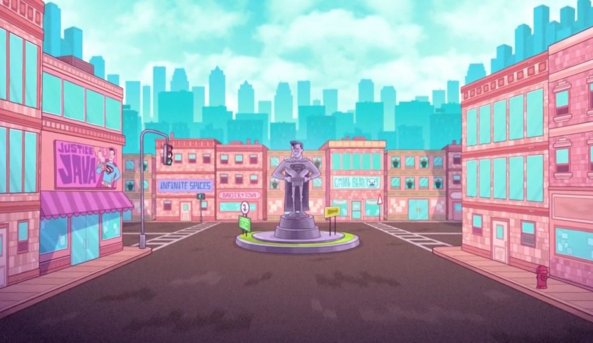 A cartoon city with a statue in the middle.