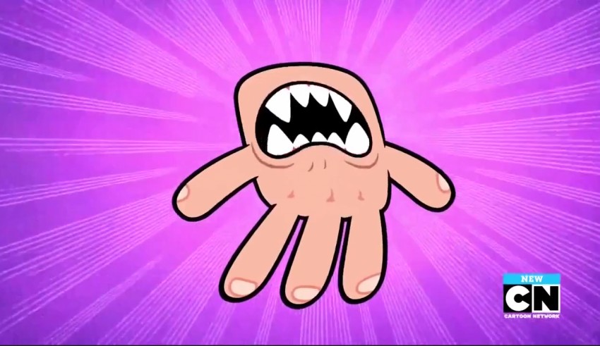 A cartoon hand with an open mouth on a purple background.