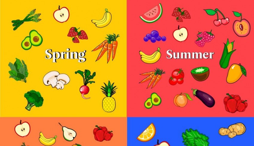 Four different fruits and vegetables on a colorful background.