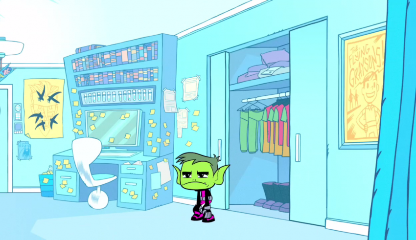 A cartoon character is standing in a room with blue walls.