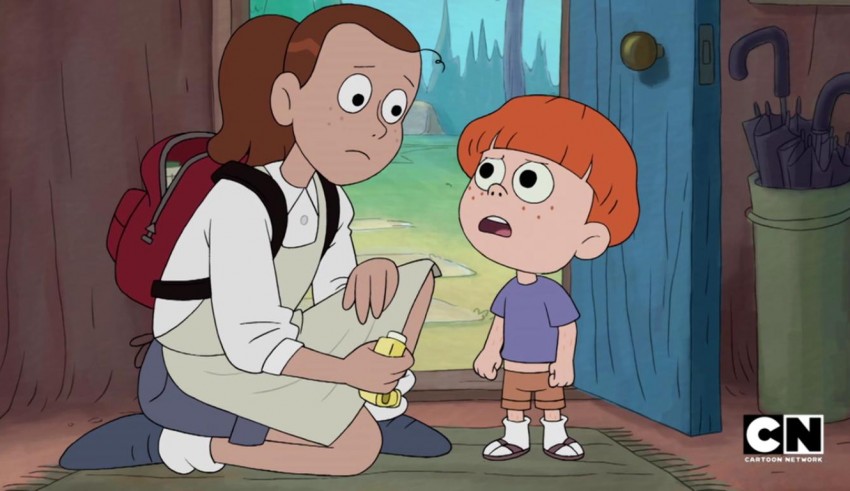 A cartoon girl is talking to a boy in front of a door.