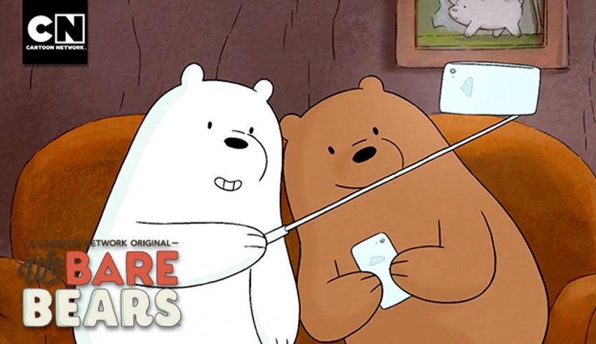 A cartoon of two bears sitting on a couch.