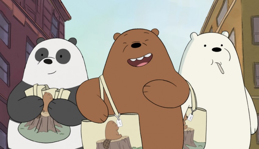 Three cartoon bears holding bags in front of a building.