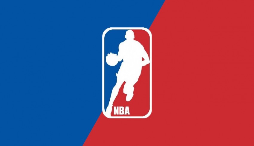 The nba logo on a blue and red background.