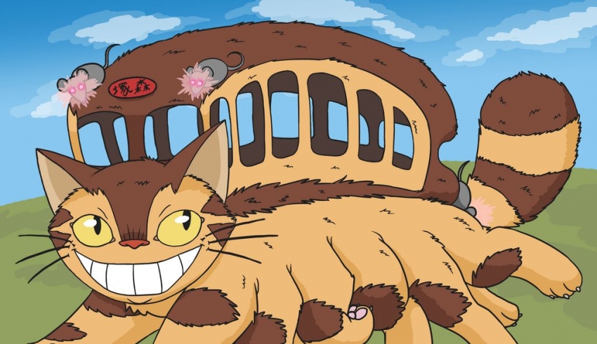 Cheshire cat riding a school bus.
