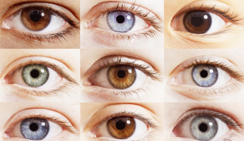 A collage of different colored eyes.