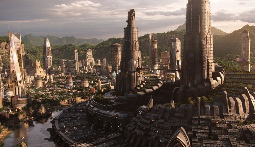 An aerial view of a futuristic city.