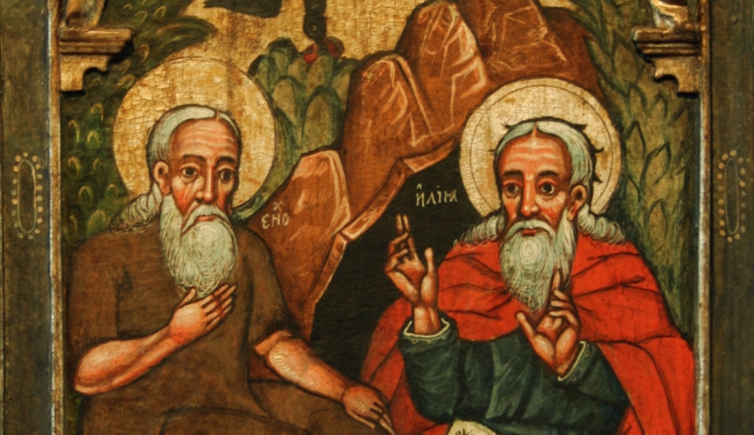 A painting of two men with beards sitting next to each other.