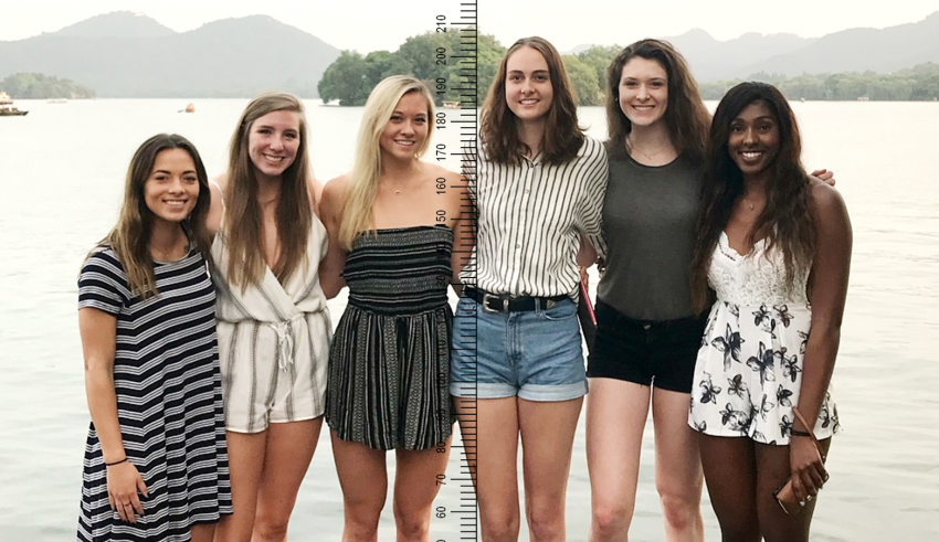 A group of girls posing for a photo in front of a lake.