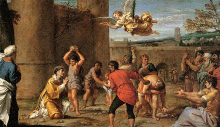 A painting shows a group of people in a courtyard.