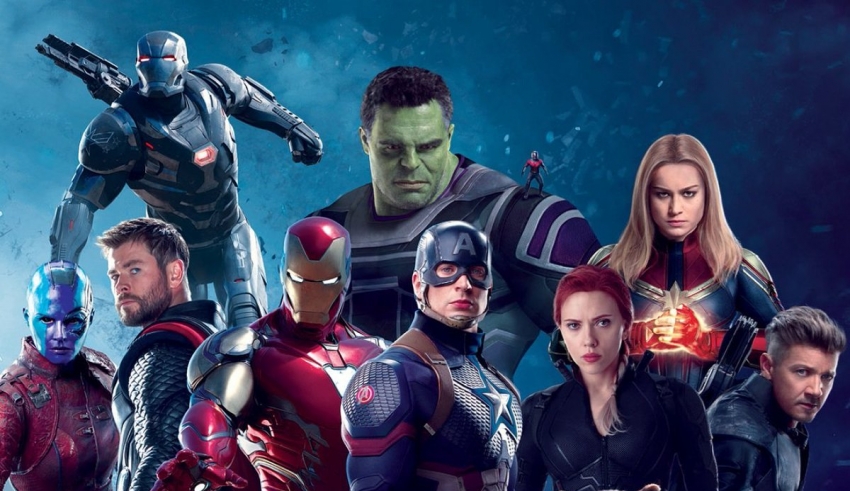 The avengers characters are posing in front of a blue background.