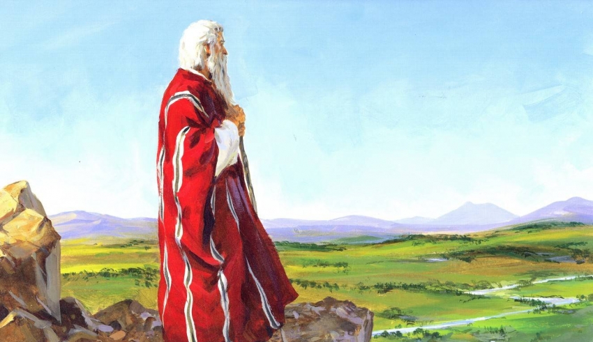 A painting of a man standing on a cliff overlooking a valley.