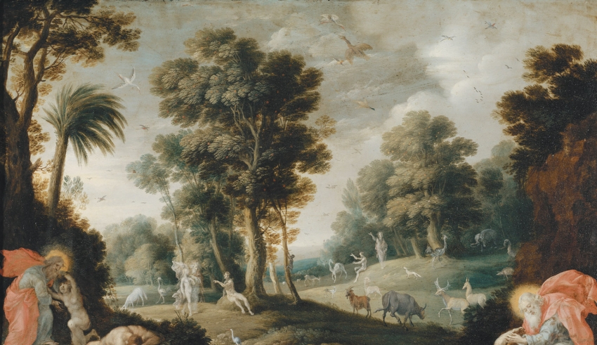 A painting of animals in a wooded area.