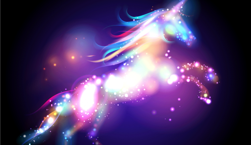 A colorful unicorn on a black background.