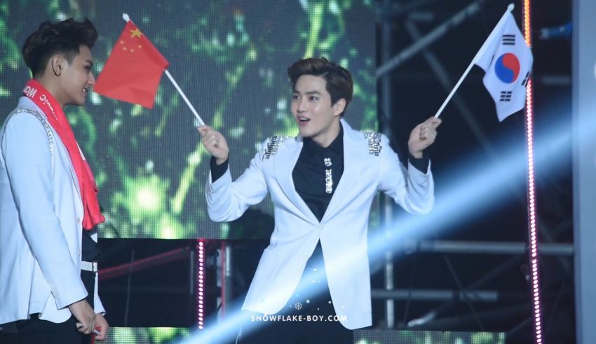 Two men holding chinese and korean flags.