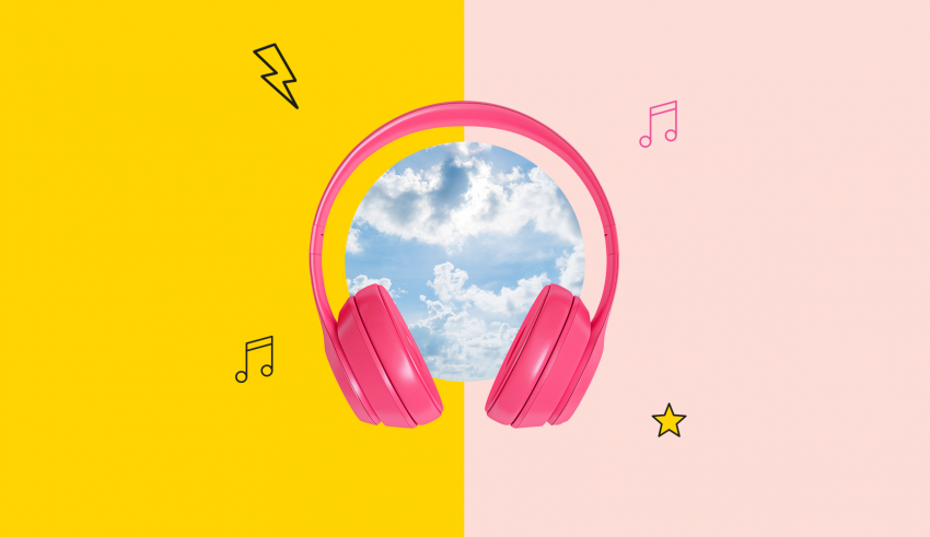 Pink headphones on a yellow and pink background.