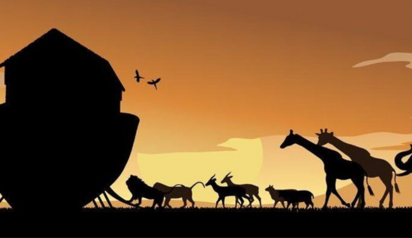 Noah's ark and animals at sunset.