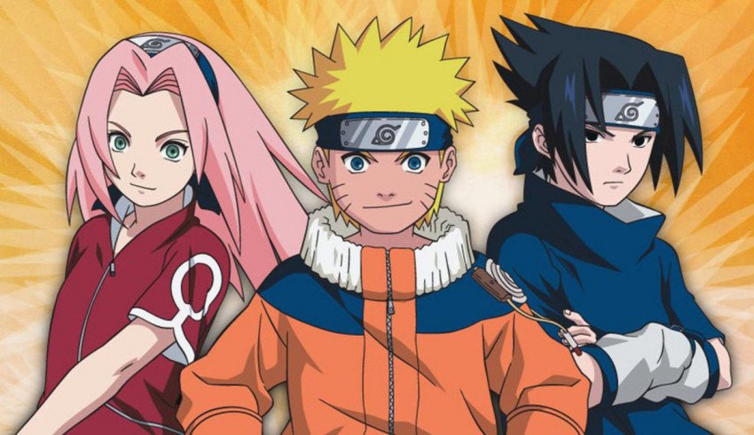 Three naruto characters standing in front of an orange background.