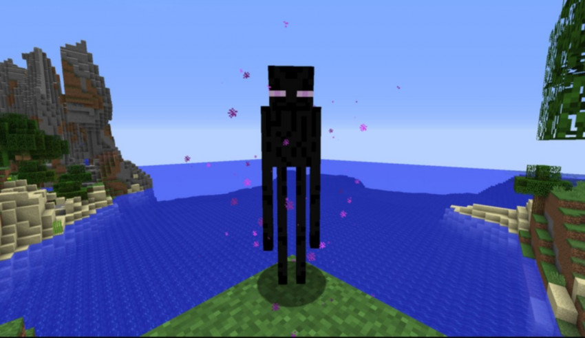 An image of a minecraft character standing on top of a mountain.