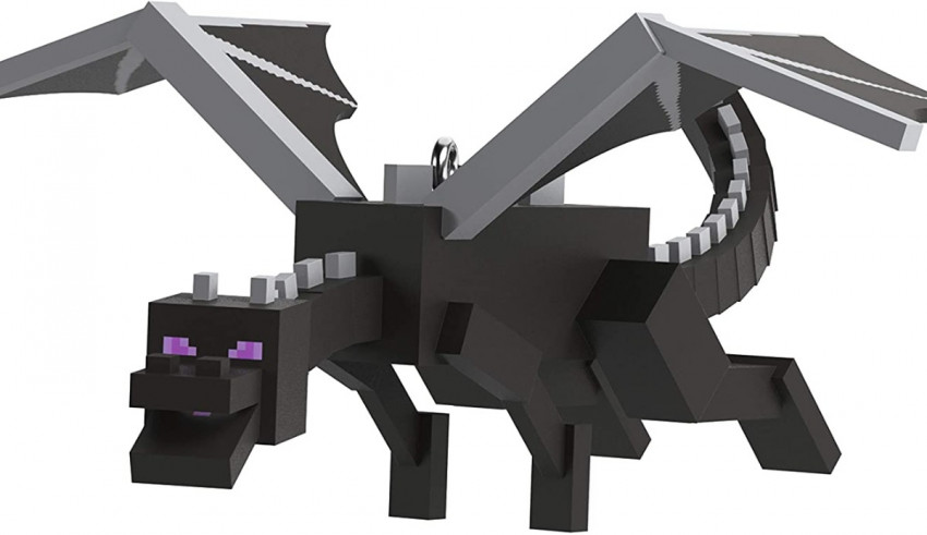 A minecraft dragon with purple eyes and wings.