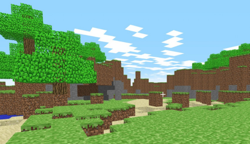 A screenshot of a minecraft scene with trees and grass.