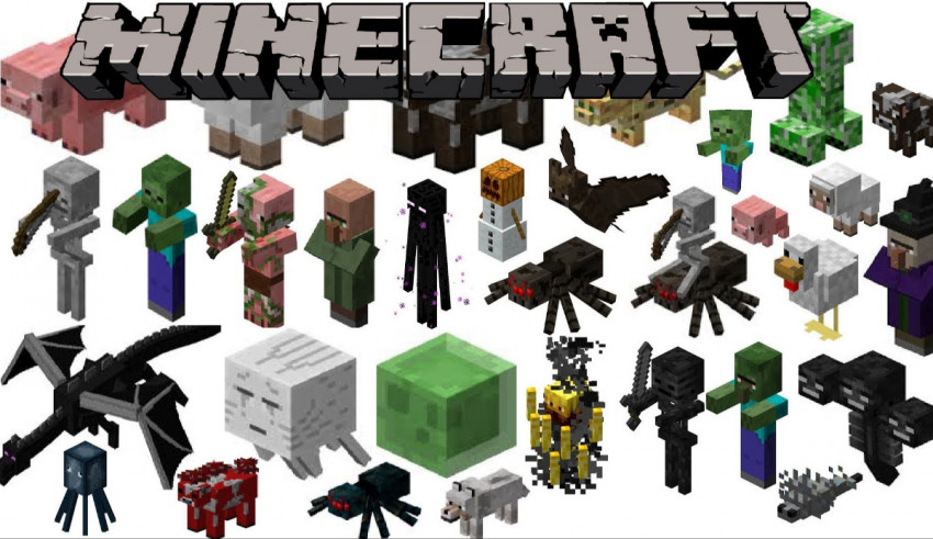 A group of minecraft characters are shown on a white background.