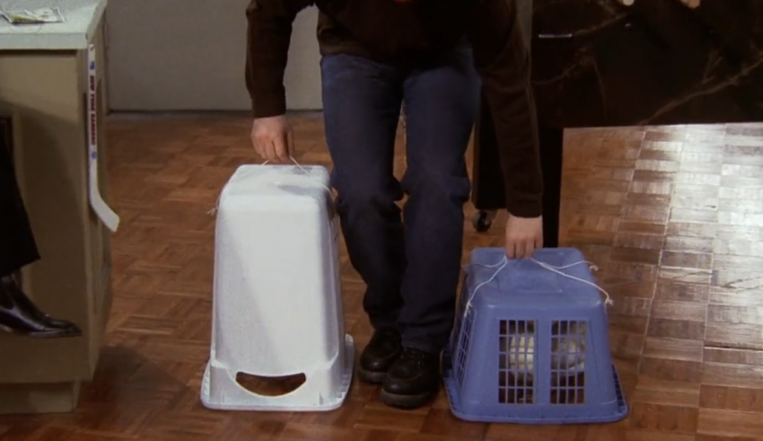 A man is standing next to a blue and white cat crate.