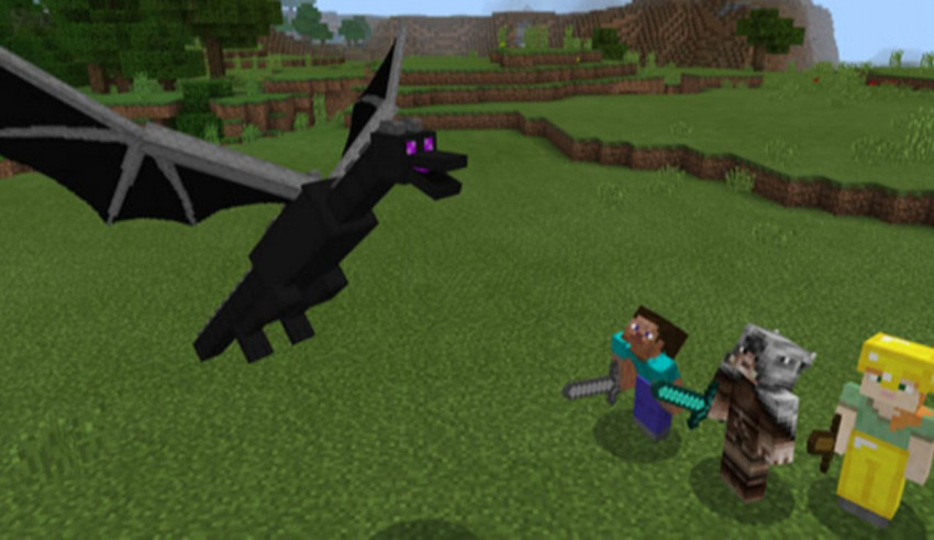 A group of people and a dragon in minecraft.