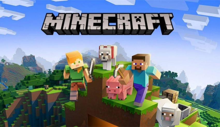 The cover of minecraft with a group of people on top of a mountain.