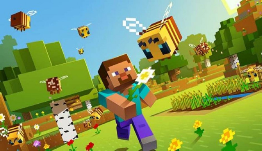 A minecraft game with a man flying in the air.