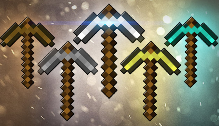 A group of minecraft axes on a dark background.