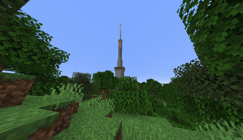 A screenshot of a minecraft tower in the middle of a forest.