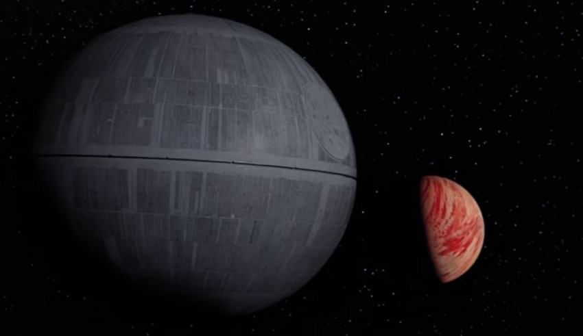 A star wars death star and a red planet.