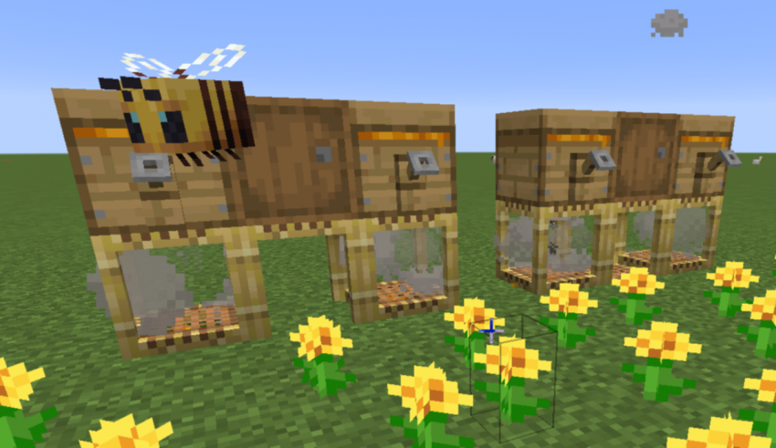 A beehive in minecraft with sunflowers in the background.