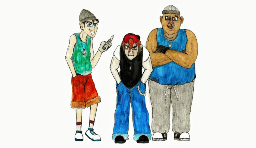 A drawing of three people standing next to each other.