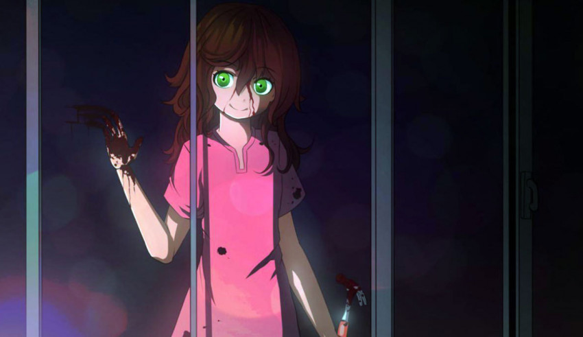 A girl in a pink dress holding a knife in front of a glass door.