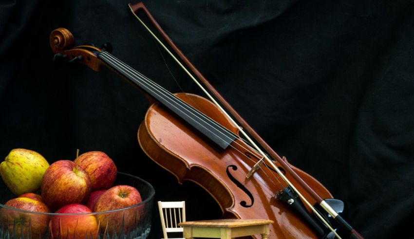 A violin sits next to a bowl of apples.