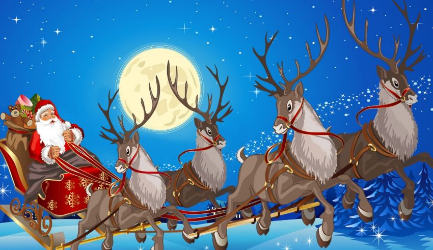 Santa claus and his reindeer in a sleigh.
