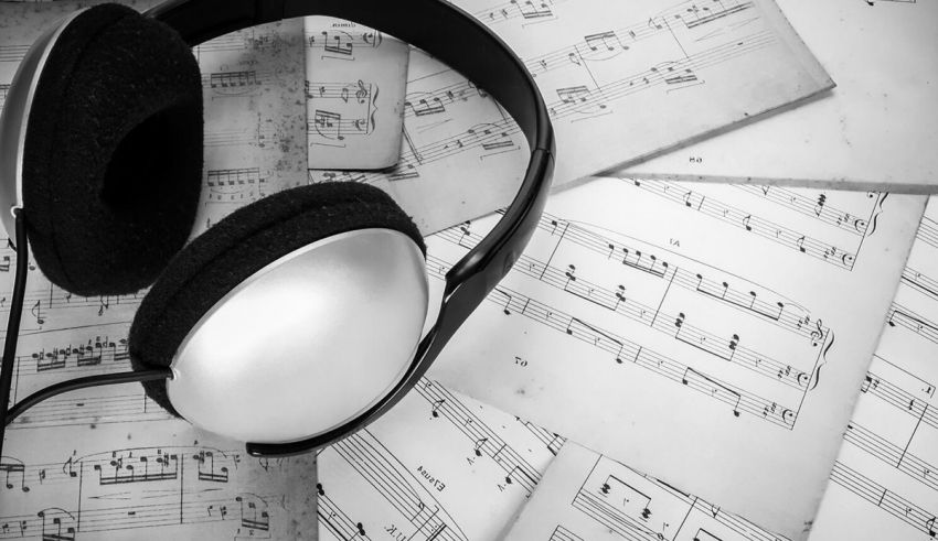 A black and white photo of headphones on music sheets.