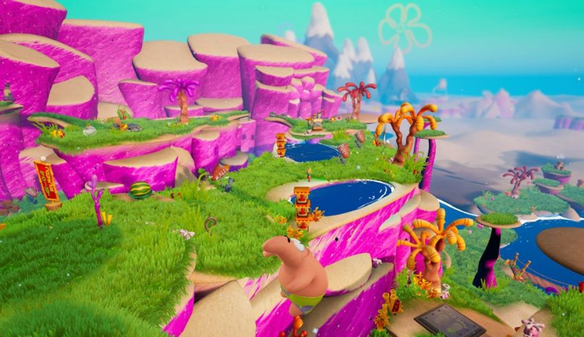 A screenshot of a video game with a pink landscape.