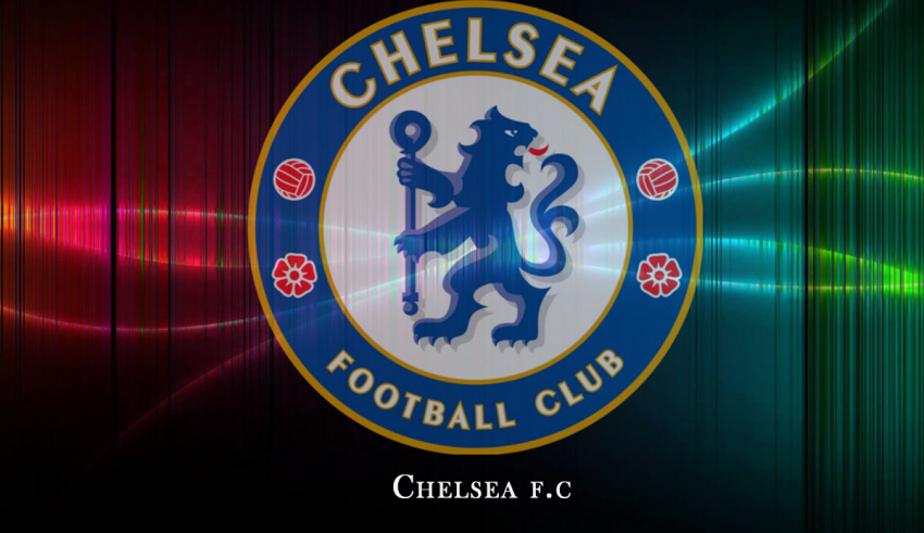 Chelsea football club logo on a colorful background.