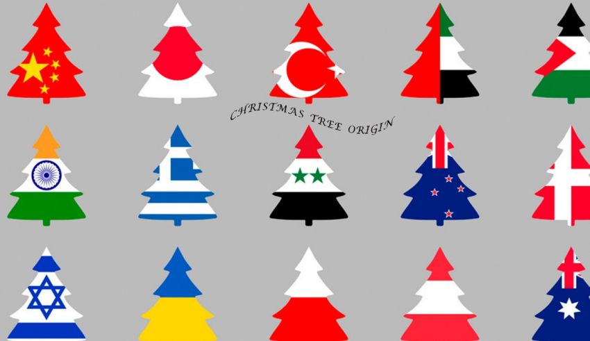A group of christmas trees with different flags on them.
