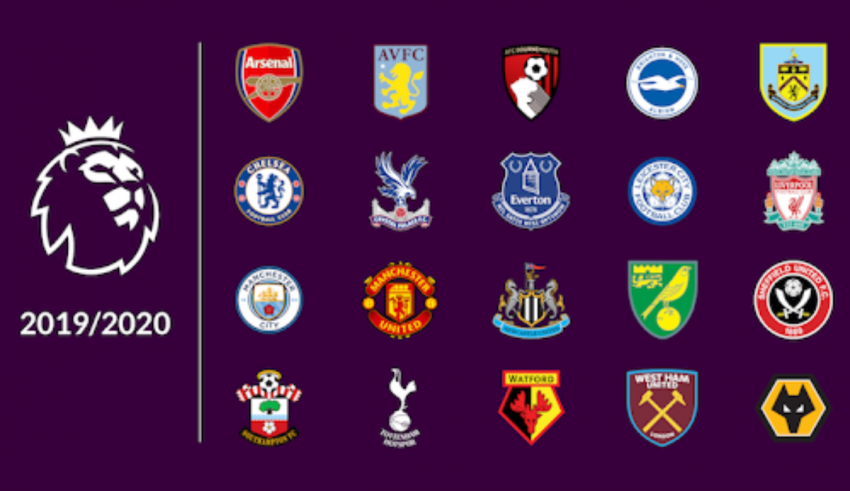 The 2019-20 premier league logos are shown on a purple background.